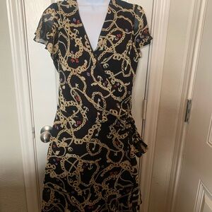 Black Chain-Print Wrap Midi Dress